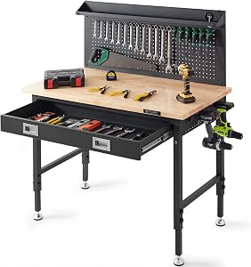 VEVOR Workbench Adjustable Height 28-39.5" Work Bench for Garage Oak Plank & Carbon Steel Heavy Duty Workbench 2000lbs Weight Capacity Bench top Size 48x24" Hardwood Workbench 3m Cable 30 Hooks