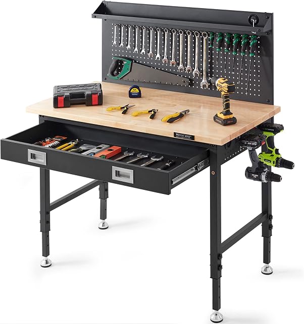 VEVOR Workbench Adjustable Height 28-39.5" Work Bench for Garage Oak Plank & Carbon Steel Heavy Duty Workbench 2000lbs Weight Capacity Bench top Size 48x24" Hardwood Workbench 3m Cable 30 Hooks