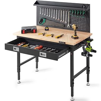 VEVOR Workbench Adjustable Height 28-39.5" for Garage Oak Plank & Carbon Steel Heavy Duty, 2000lbs Weight Capacity Bench top Size 48x24 Hardwood Workbench 3m Cable 30 Hooks