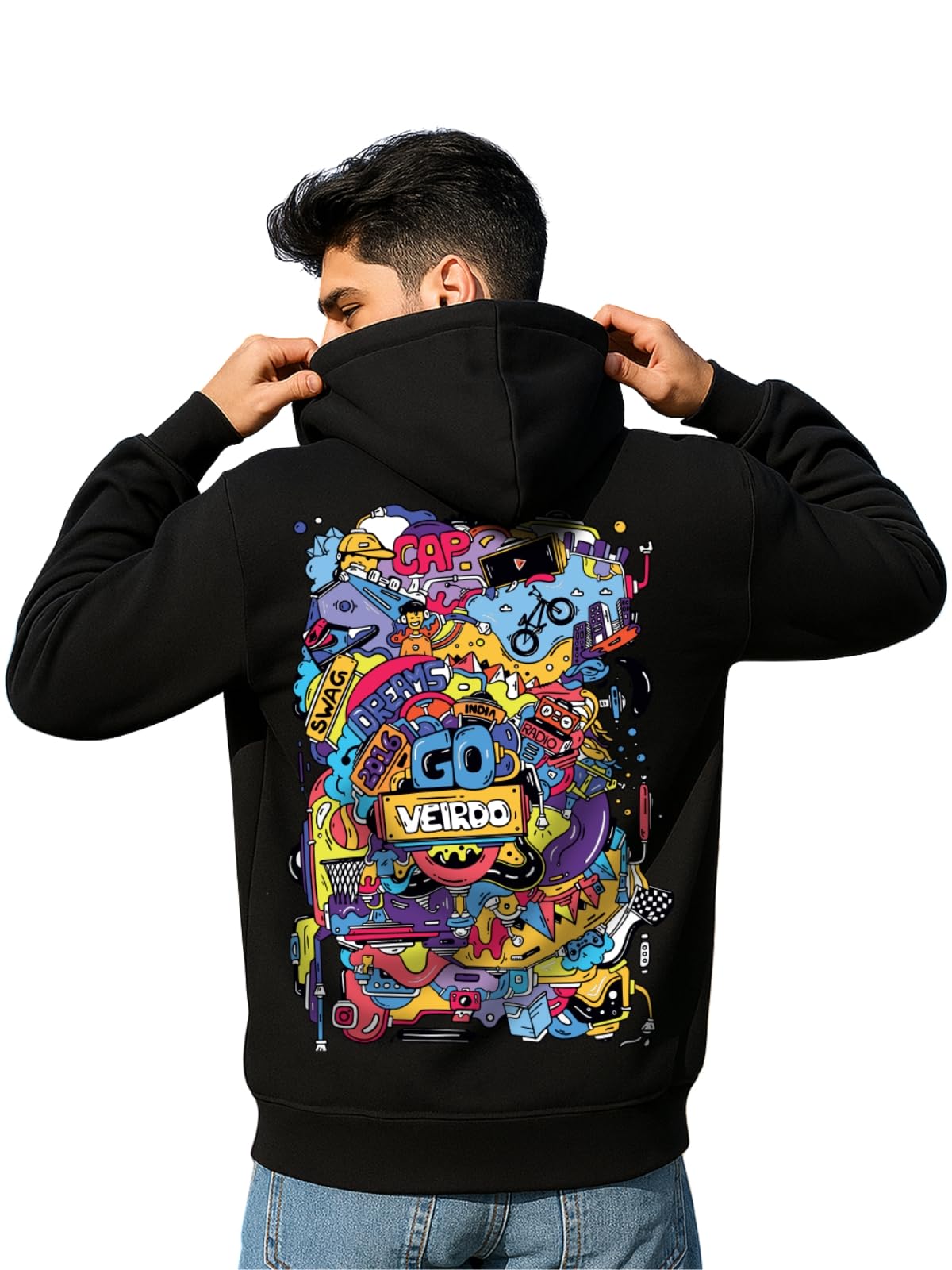 VeirdoCotton Fleece Regular Fit Full Sleeve Hooded Sweatshirt Front and Back Graphic Printed Jumper Hoodie for Men