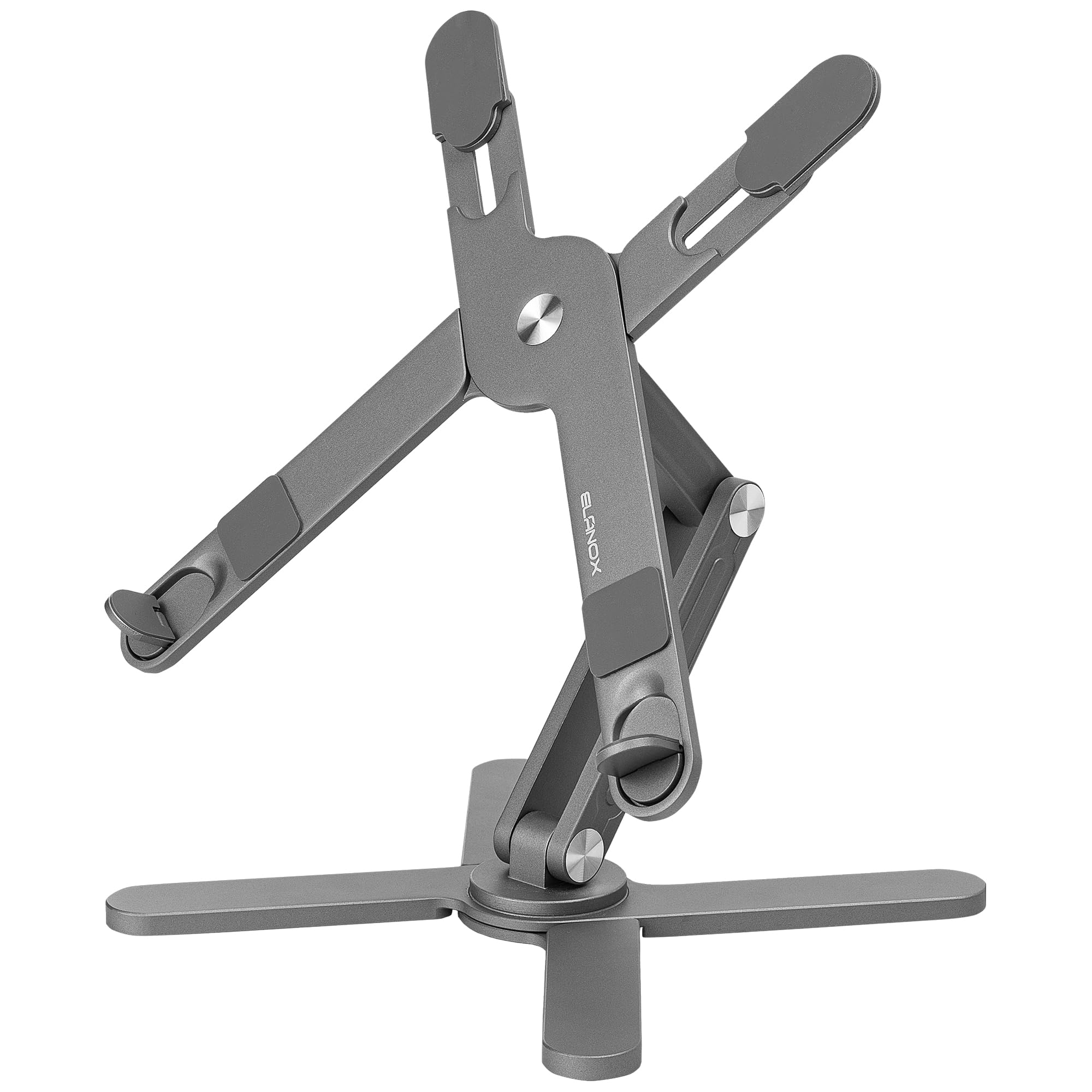 ELANOX Supporto Pieghevole Per Laptop E Tablet, MacBook, iPad, In Lega Di Alluminio Con Rotazione A 360°, Ergonomico, Portatile E Regolabile In Altezza (Grigio)