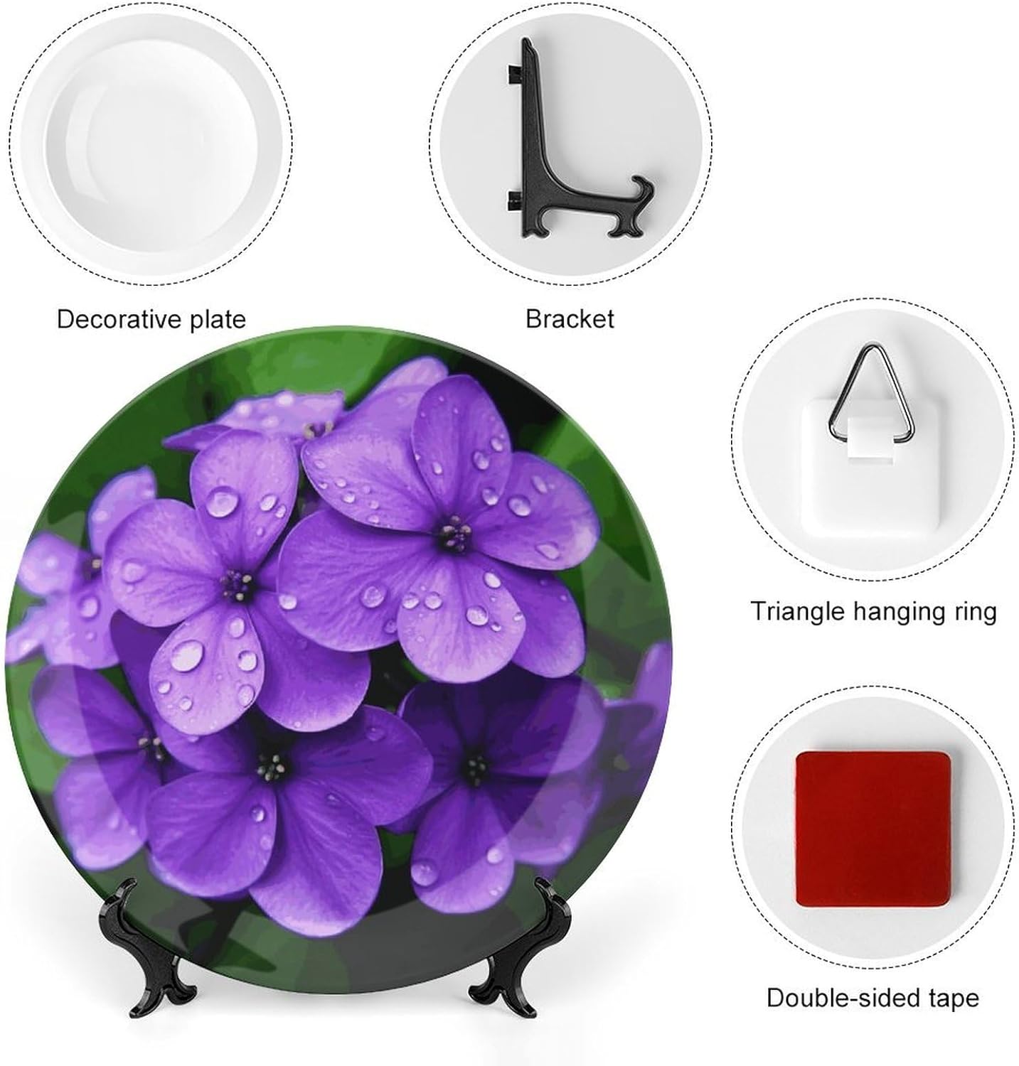 Violet Flower Ceramic Plate 10inch Decorative Bone China Wall Hanging Ornament Plates Bohemian Style Dinner Plate with Display Stand Cabinet Display Plates for Home Art Decor