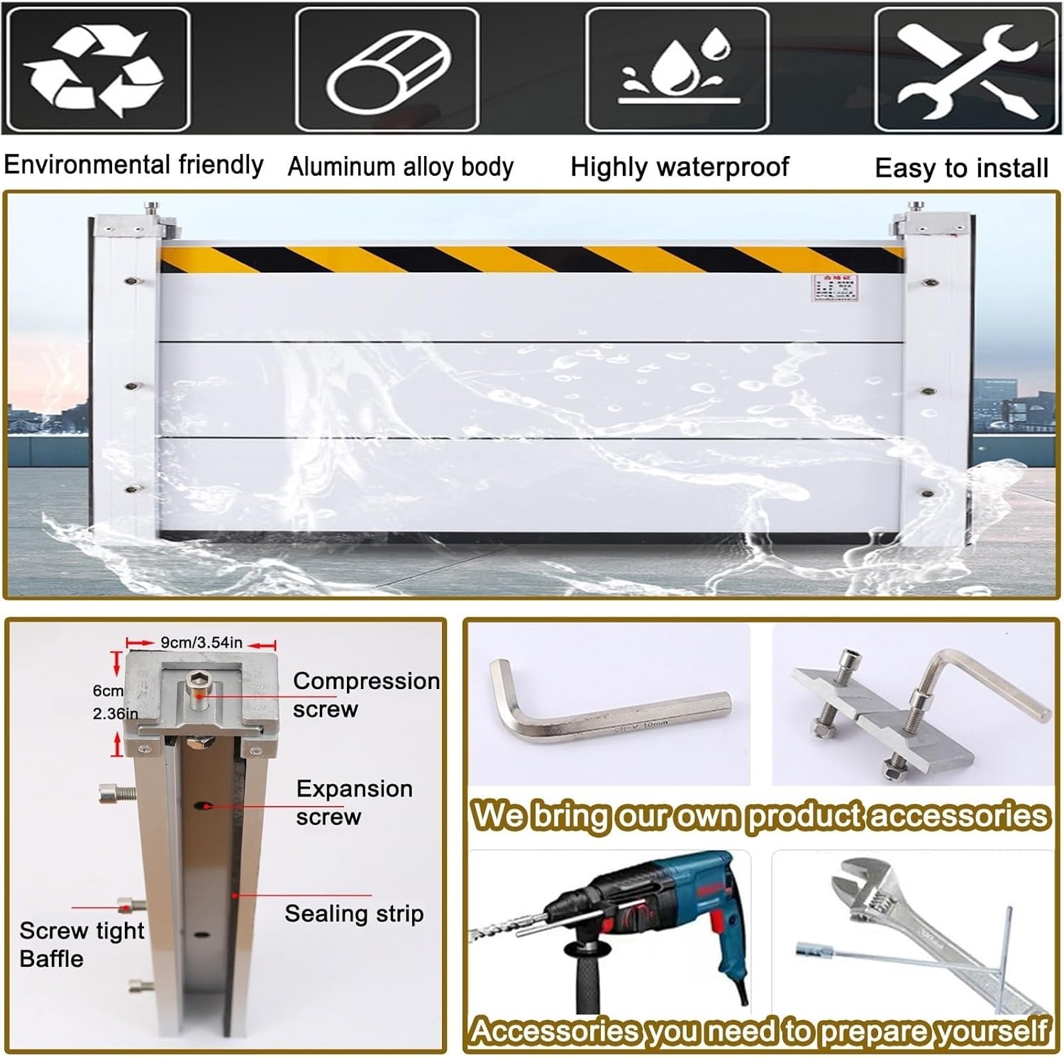 Detachable Flood Barriers for Garage Door/Basement/Outside, Flood Rain Water Baffle with Sealing Rubber Strips, Heavy Duty Aluminum Reusable Flooding Wall(H 2.6ft/80cm,L 2ft/0.6m)