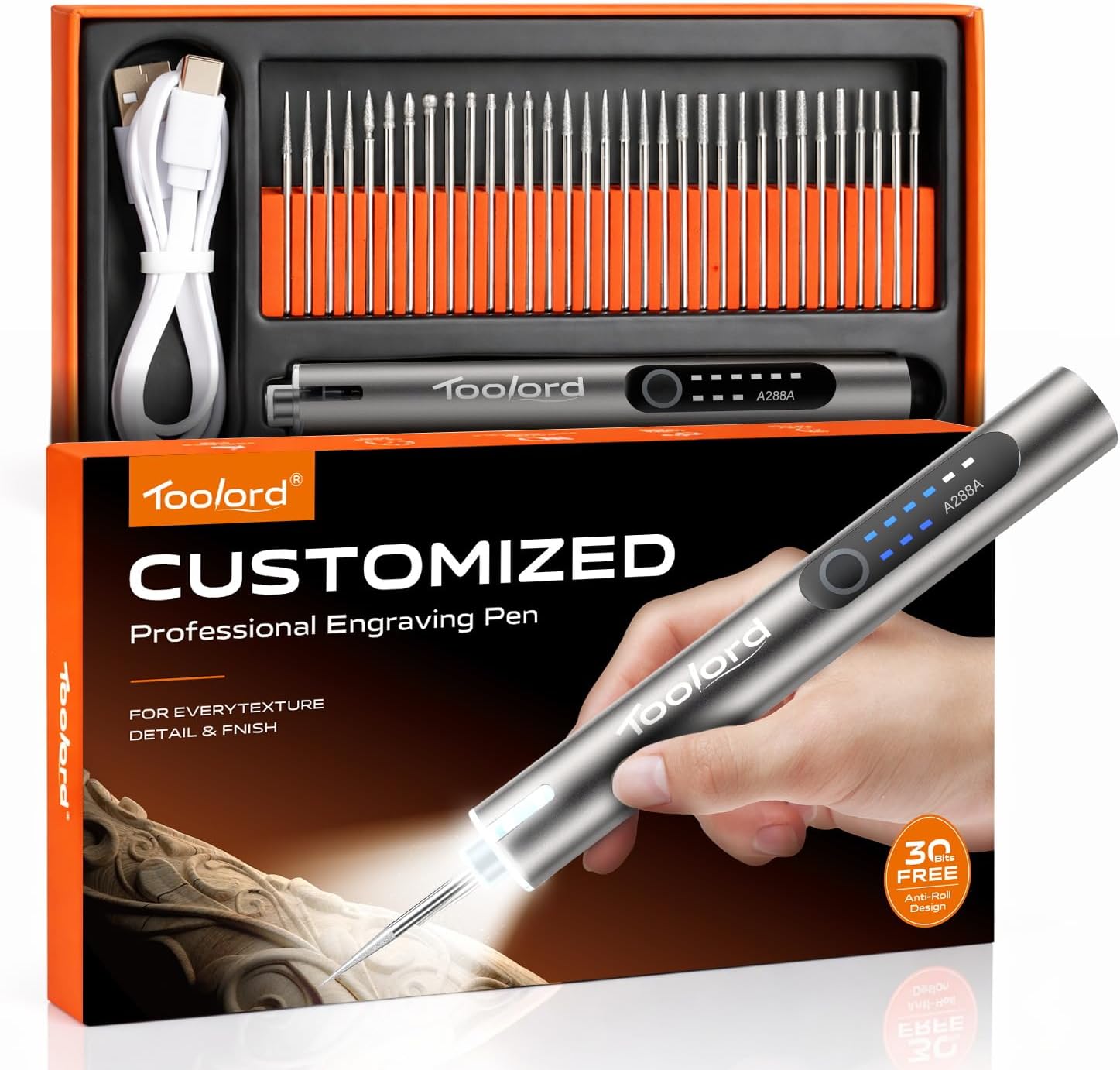 Engraving Pen with LED Light,HollowCup Motor,Cordless USB Rechargeable Rotary Tool for Metal,Wood,Glass and Plastic,DIY Engraving Kit with 30 Bits,Silver