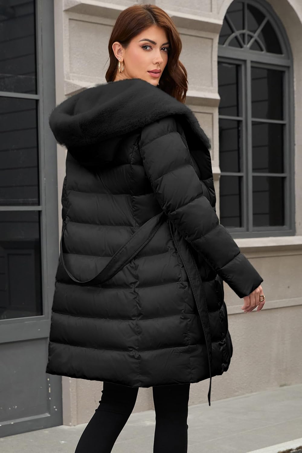 PAPILLON D'OR WEAR YOUR WINGS Women's Long Puffer Coat with Belt, Hood & Furry Lining - Knee-Length Winter Jacket - Image 6