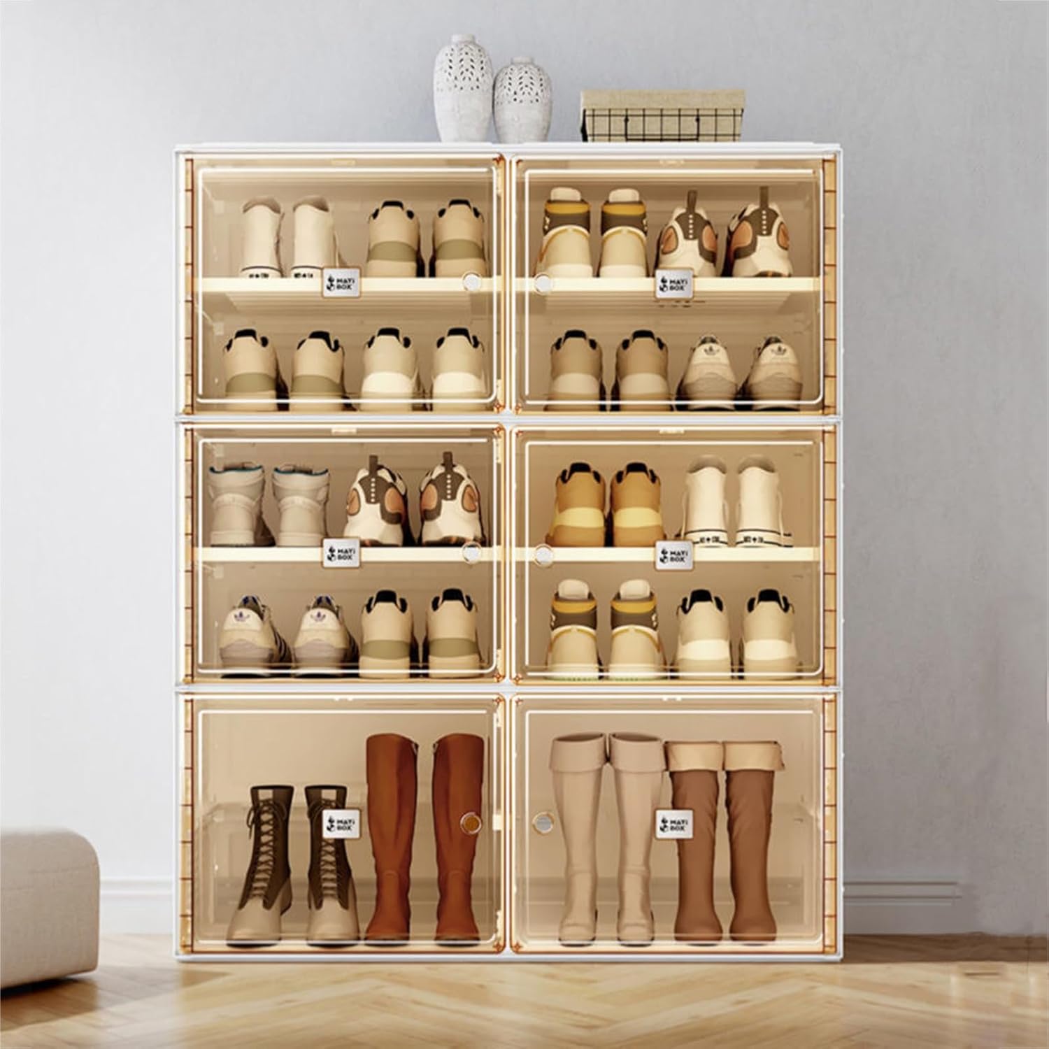 AOKLEY Shoe Organizer for Closet Folding Shoe Rack for Closet with Magnetic Clear Door Large 12 Sneakers Cabinet Bins Sturdy