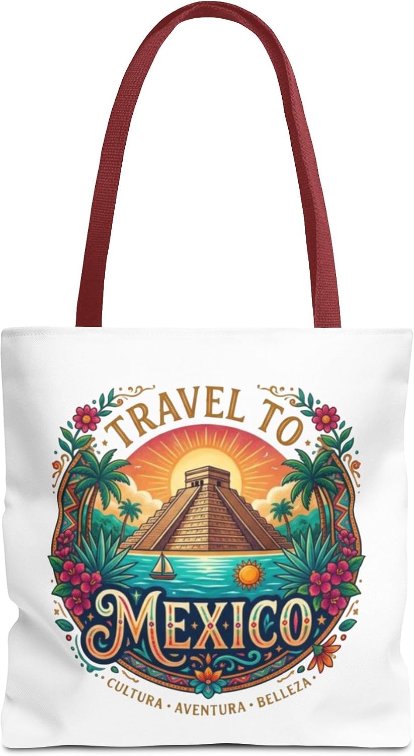 Travel to Mexico Tote Bag | Pyramid Beach Vintage Travel Poster