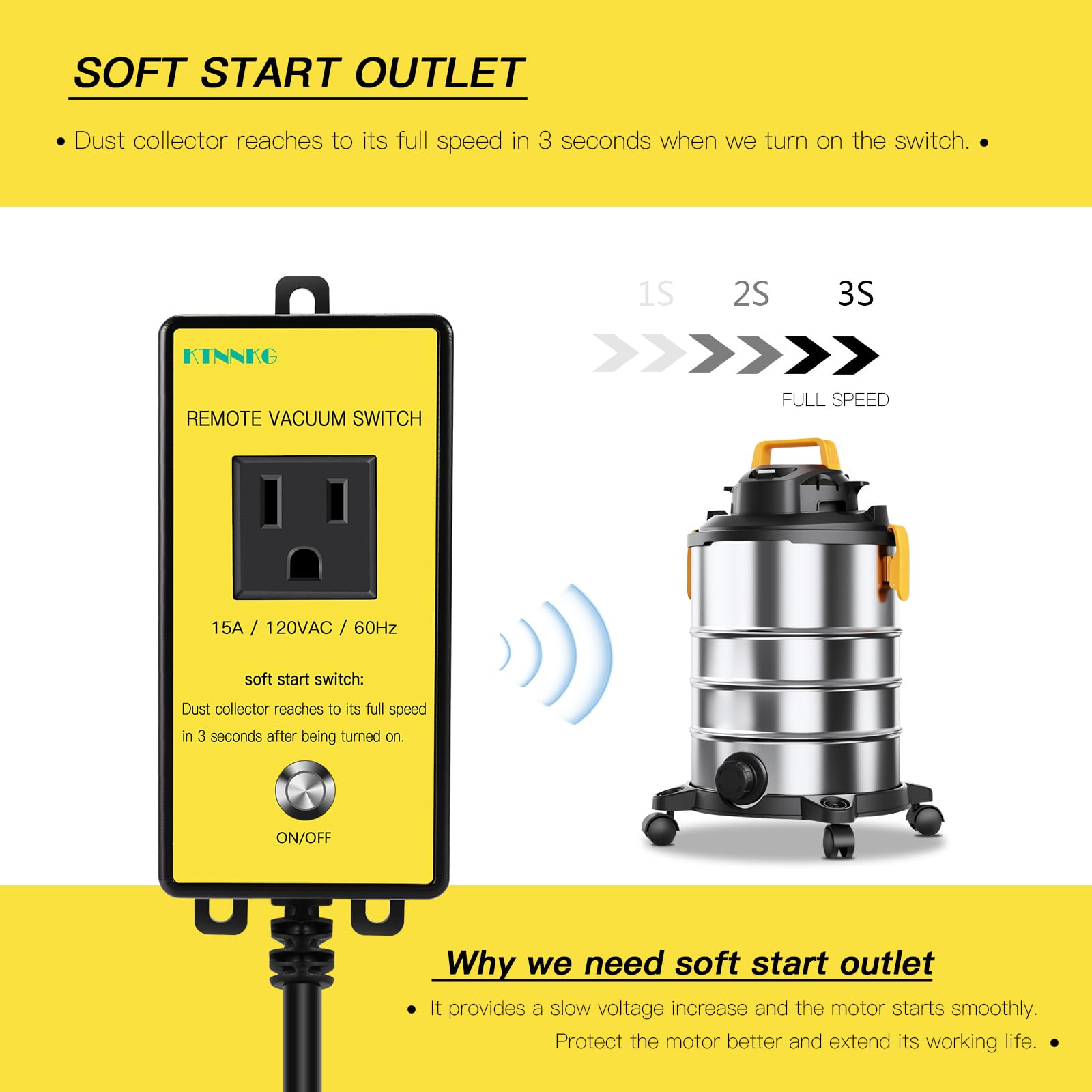 120V Soft Start Outlet Automatic Switch 15A 60Hz for Tools with Motor, KTNNKG Remote Switch for Vacuum and Table Saw with 2 Key Fobs,Support Manual Control