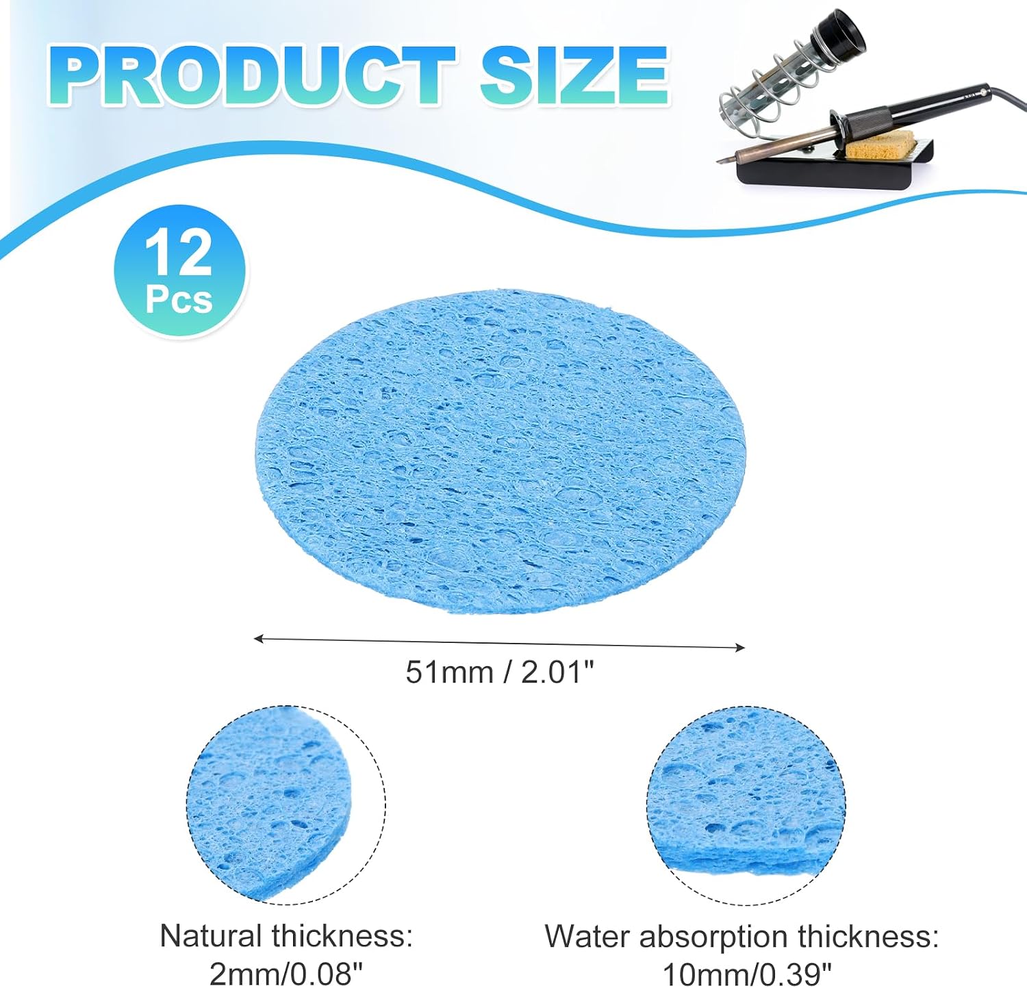 MECCANIXITY 12PCS Soldering Sponge 51 x 51mm Round Blue Cleaning Pad Welding Tip Iron Replacement for Cleaning Soldering Iron 2mm Natural Thickness 10mm Water Absorption Thickness