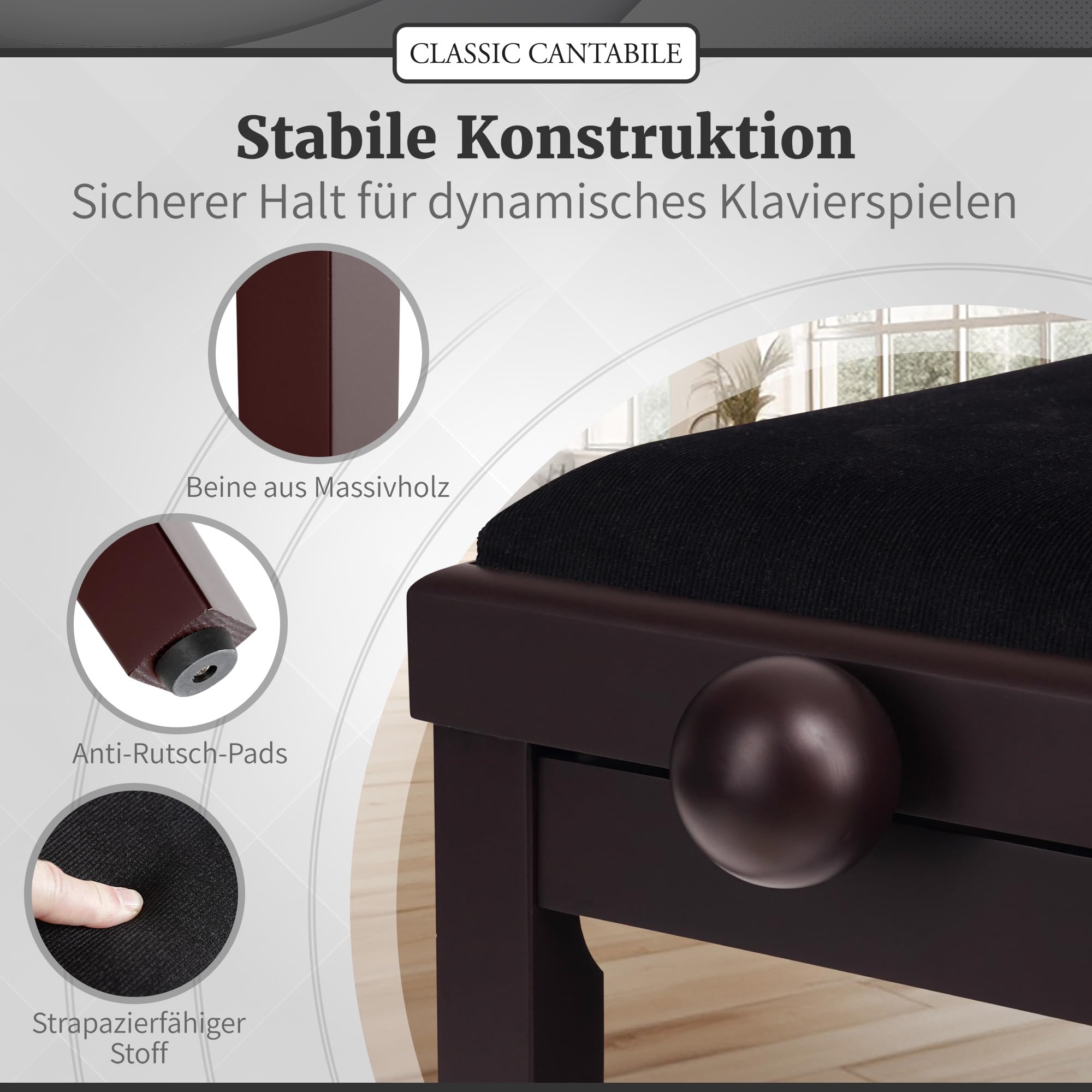 Classic Cantabile Pianobank Rosenholz-matt (höhenverstellbar von 47-56cm, Spindelmechanik, Sitzfläche 55 x 32cm, schwarzer Velourbezug, stabil)