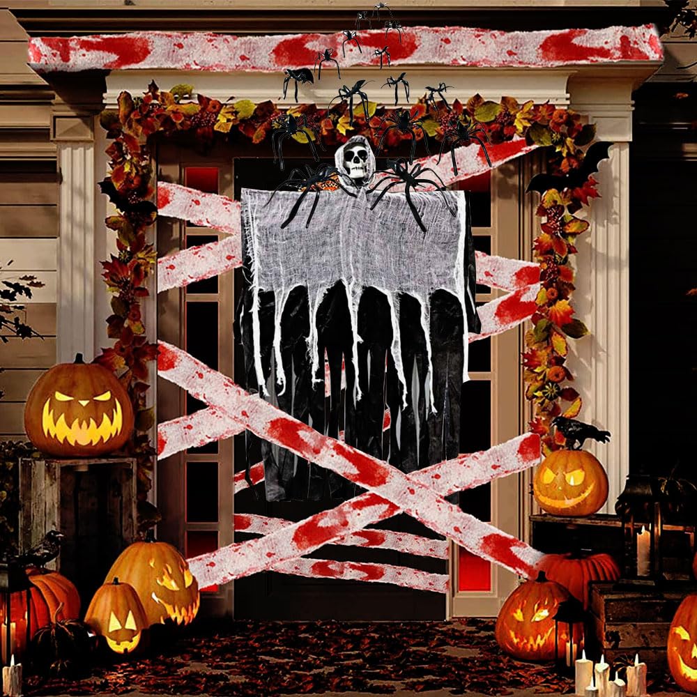 [1+1]Moninsta 20 * 30 Inch Hanging Skeleton Ghost Halloween Decorations,Bloodstained cloth(8CM*5M),for Outdoor Yard Garden Halloween Haunted House Bar Party Supplies