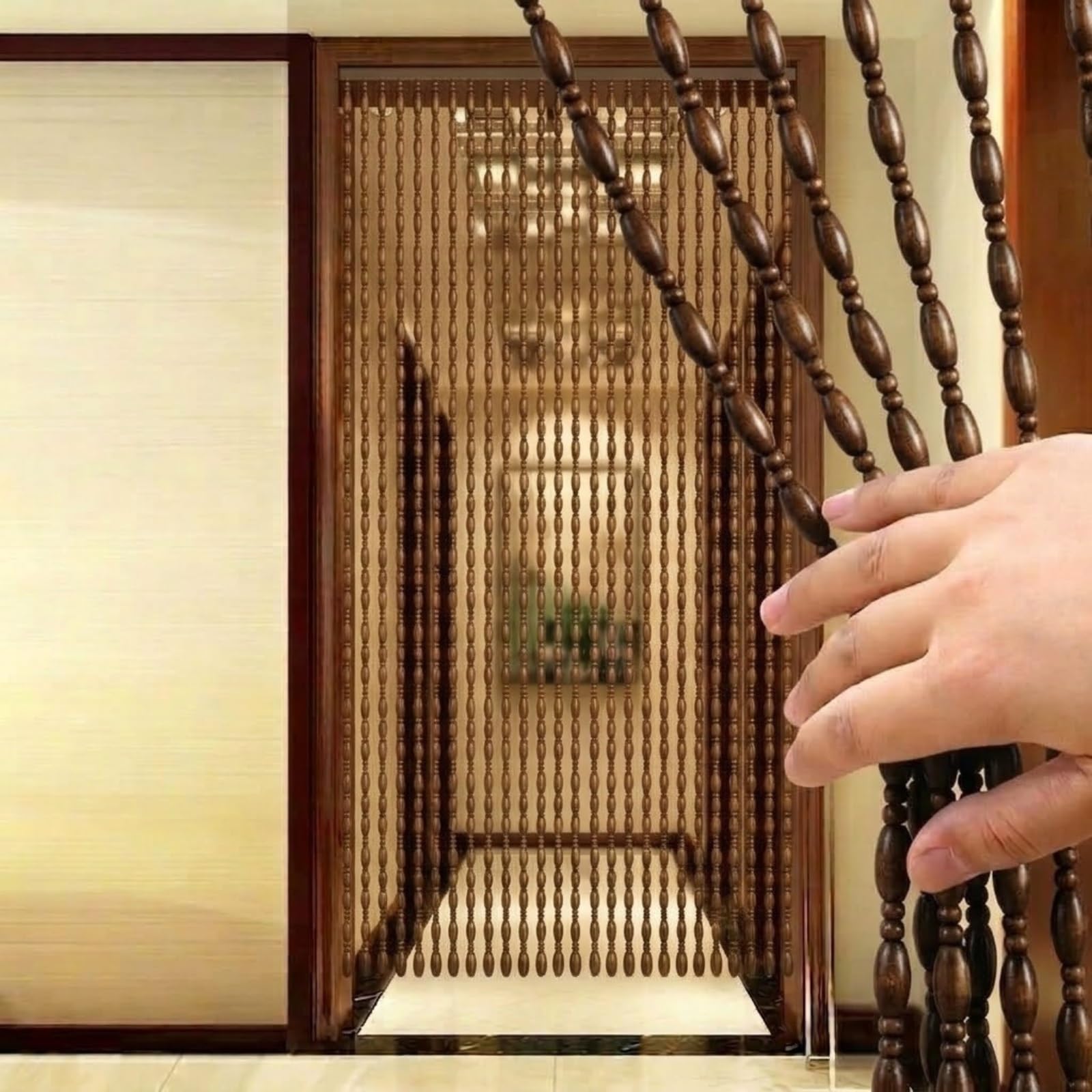 Rideau Séparateur en Perles de Bois Naturel Crée de L’intimité Sans Bloquer La Lumière, Installation Facile Sans Perçage, Parfait Pour Optimiser L’espace Appartement(Brun foncé,60x150cm)