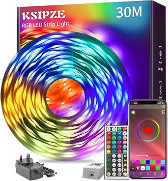 KSIPZE 30m Led Strip Lights RGB Music Sync Color Changing, Bluetooth Led Lights with Smart App Control Remote, Led Lights for Bedroom Room Lighting Flexible Home Decoration [Energy Class A++]