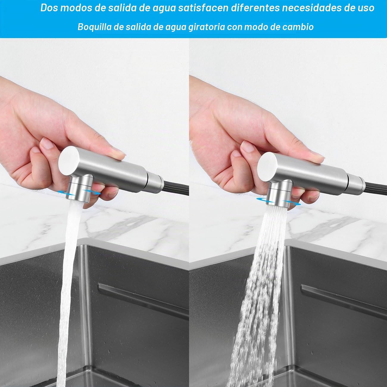 Grifo de Cocina Extraible con Ducha de 2 Modo, Grifería de Fregadero | Giratorio a 150​°, Mezclador Monomando Acero Inoxidable 304, Aireador Extraíble, Agua Fría y Caliente, Cepillado