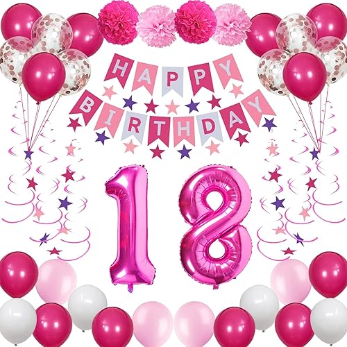 Decoraciones de cumpleaños número 18 para niñas, suministros de globos rosados de feliz cumpleaños que incluyen 18 globos de números rosas,