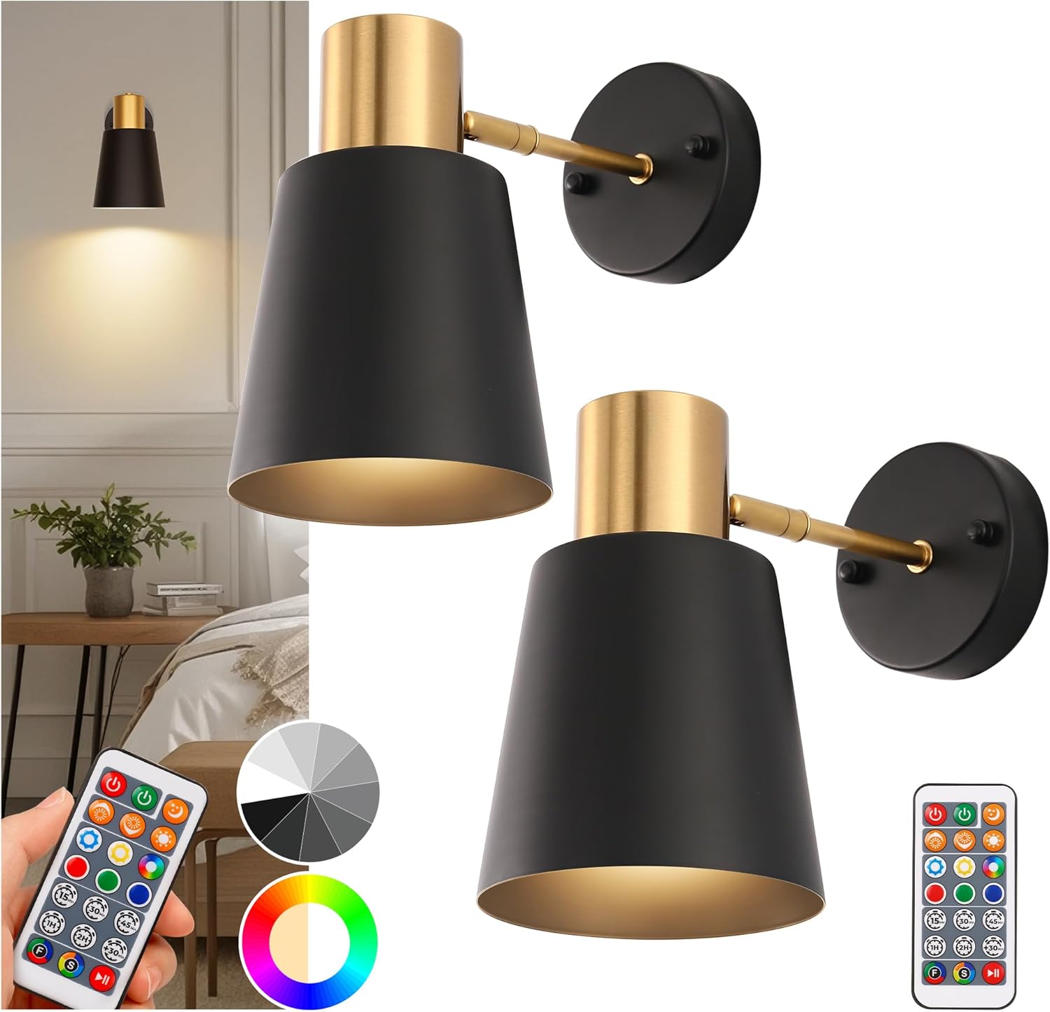 DORESshop Battery Operated Wall Sconces Set of Two, Dimmable & Adjustable Black Gold Wall Lights, Rechargeable Wall Sconce with Remote, Not Hardwired LED Wall Lamps for Bedroom Living Room