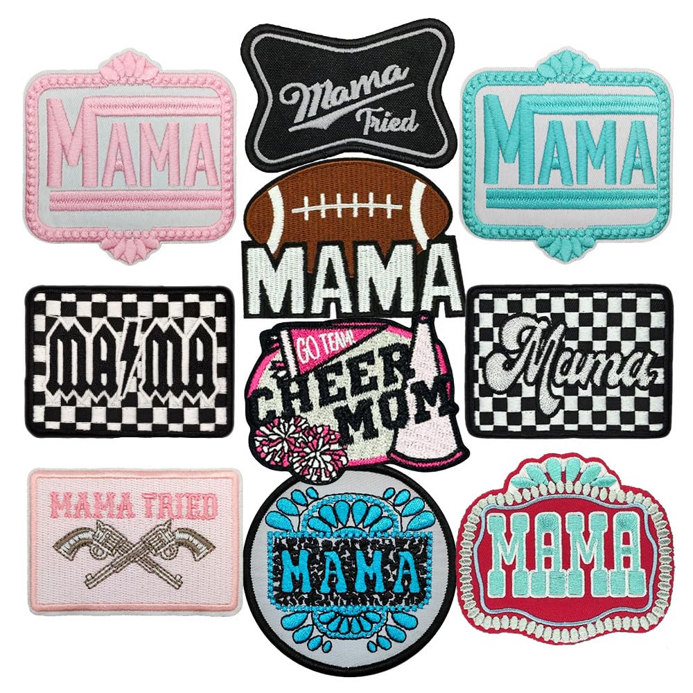 View 1 of 10 Pcs MOM Iron on Patches for Trucker Hats, Assorted Girls Boys Cowgirl's Mama Mother Gift Embroidered Sew on DIY Crafts Appliques Patch for Clothing Jacket Jeans Bags Dress Shirt