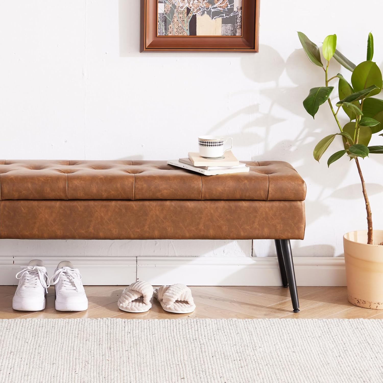 CUYOCA Storage Ottoman Bench, 40" Faux Leather Tufted Entryway Bench, Long Ottoman with Storage for Living Room, Support 660lbs - Cognac Brown