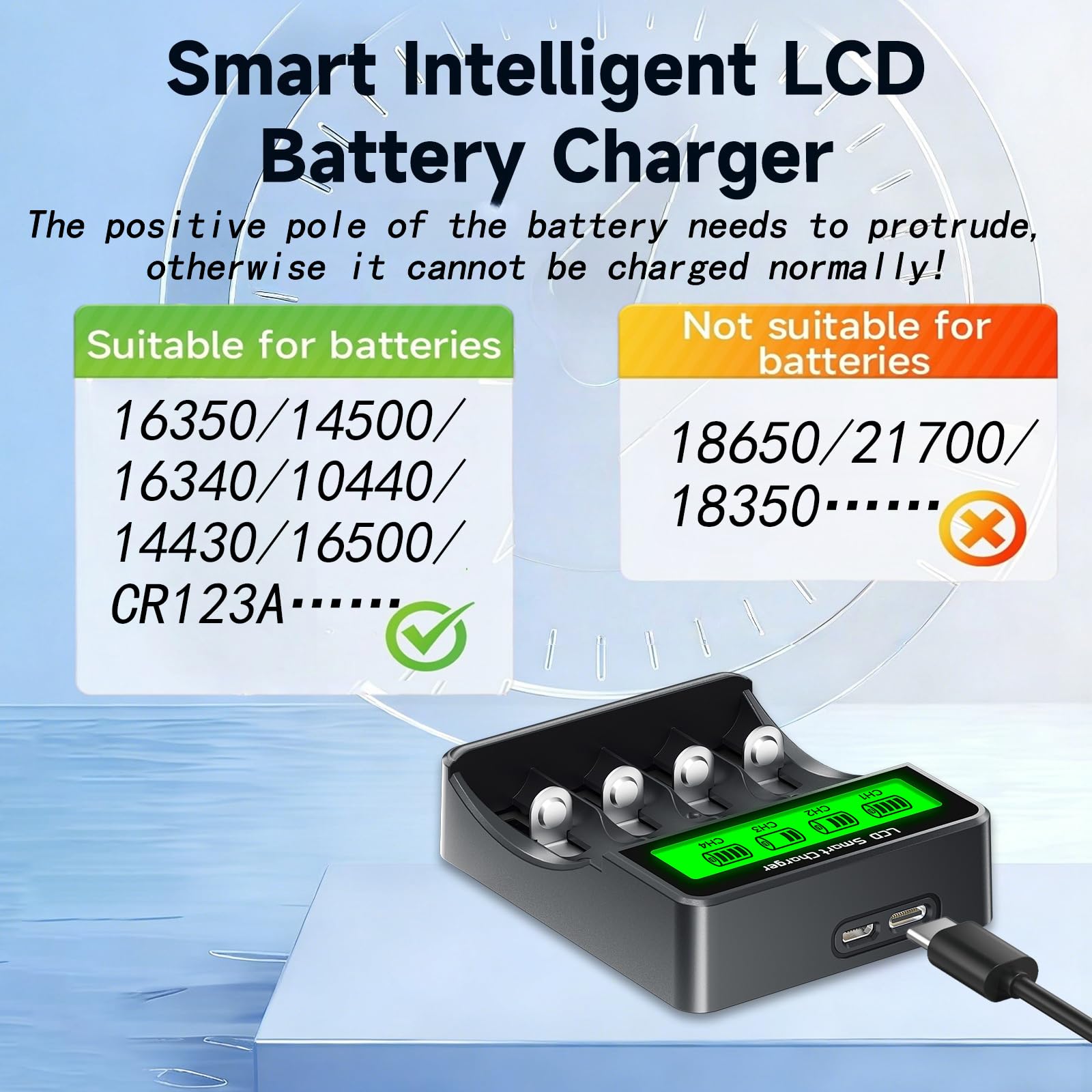Cargador universal para baterías CR123A, 16340, 16500, 10400, 14430, 14500, 3.7V | Entrada USB 5V/2A, ranuras independientes, protección de sobrecarga | Compacto y portátil (cargador de batería