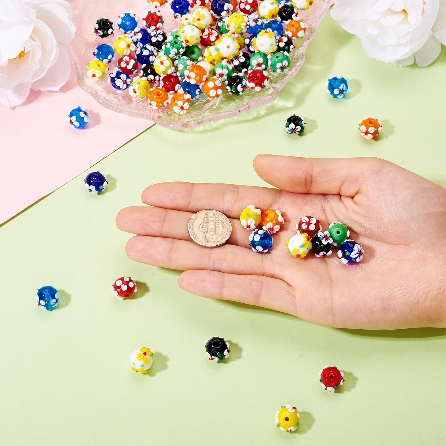 Craftdady 80pcs Handmade Bumpy Lampwork Glass Beads 8 Colors Rondelle Round with Flower Loose Spacer Beads 11~12mm for Bracelet Necklace Jewelry Crafts Making