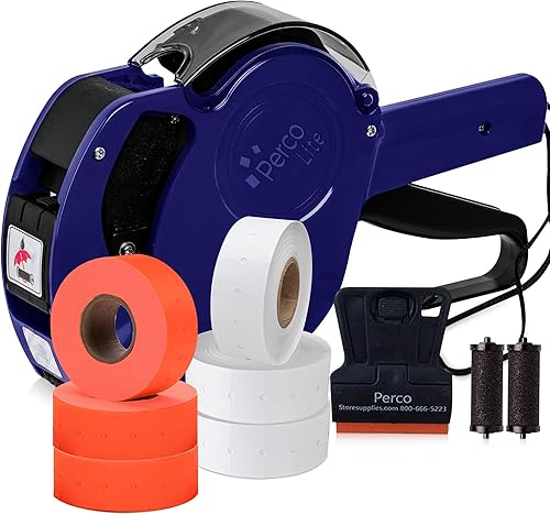 Perco Lite Kit de pistola de precio de 1 línea con etiquetas, incluye 3 rollos blancos, 3 rollos rojos fluorescentes, 2 rodillos de tinta, 1 rollo