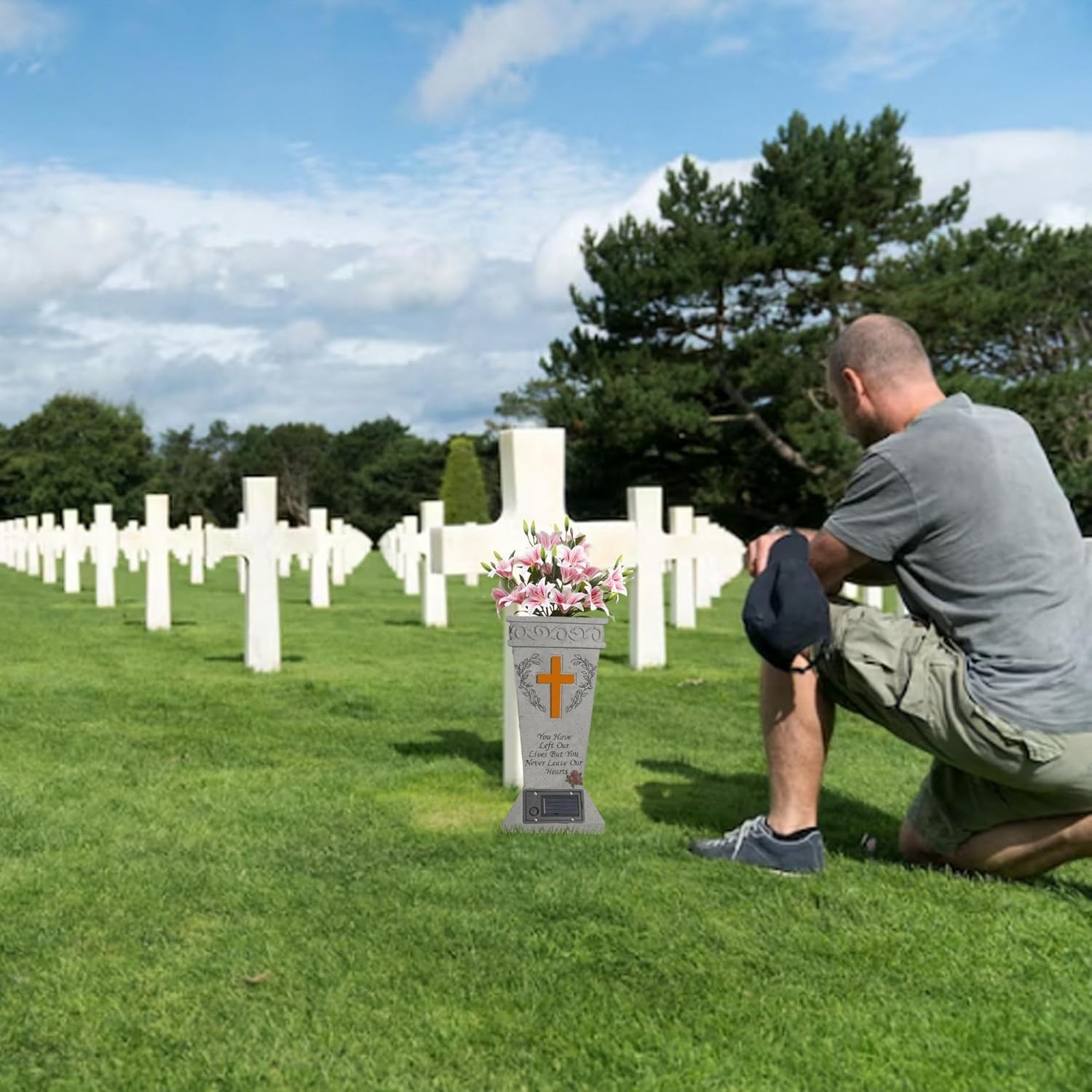 Cemetery Vases for Grave with Solar Light,Cross Flower Holder for Cemetery with Drain Stopper & Ground Spike,Grave Decorations for Cemetery Headstone Vase, Tokens of Sympathy for a Loved One's Passing