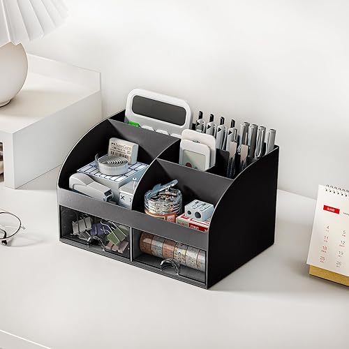 Miniatura 6 de Organizador de escritorio con 6 compartimentos y 2 cajones, organizador de maquillaje de plástico, soporte para bolígrafos para almacenamiento de