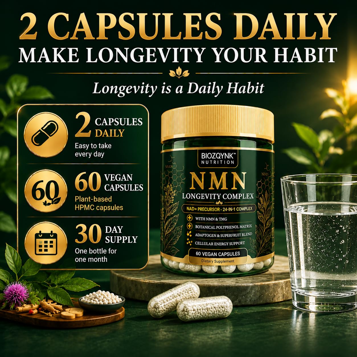 NMN Supplement 24-in-1 NAD+ Complex 1000mg Per Serving, 60 Vegan Capsules — Amazon image 7