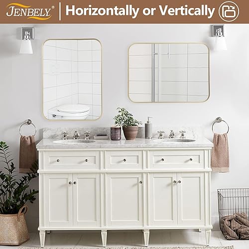Miniatura 6 de JENBELY Espejo dorado de 26 x 38 pulgadas, espejo rectangular enmarcado con esquina redondeada, espejo de latón cepillado, espejo de baño dorado