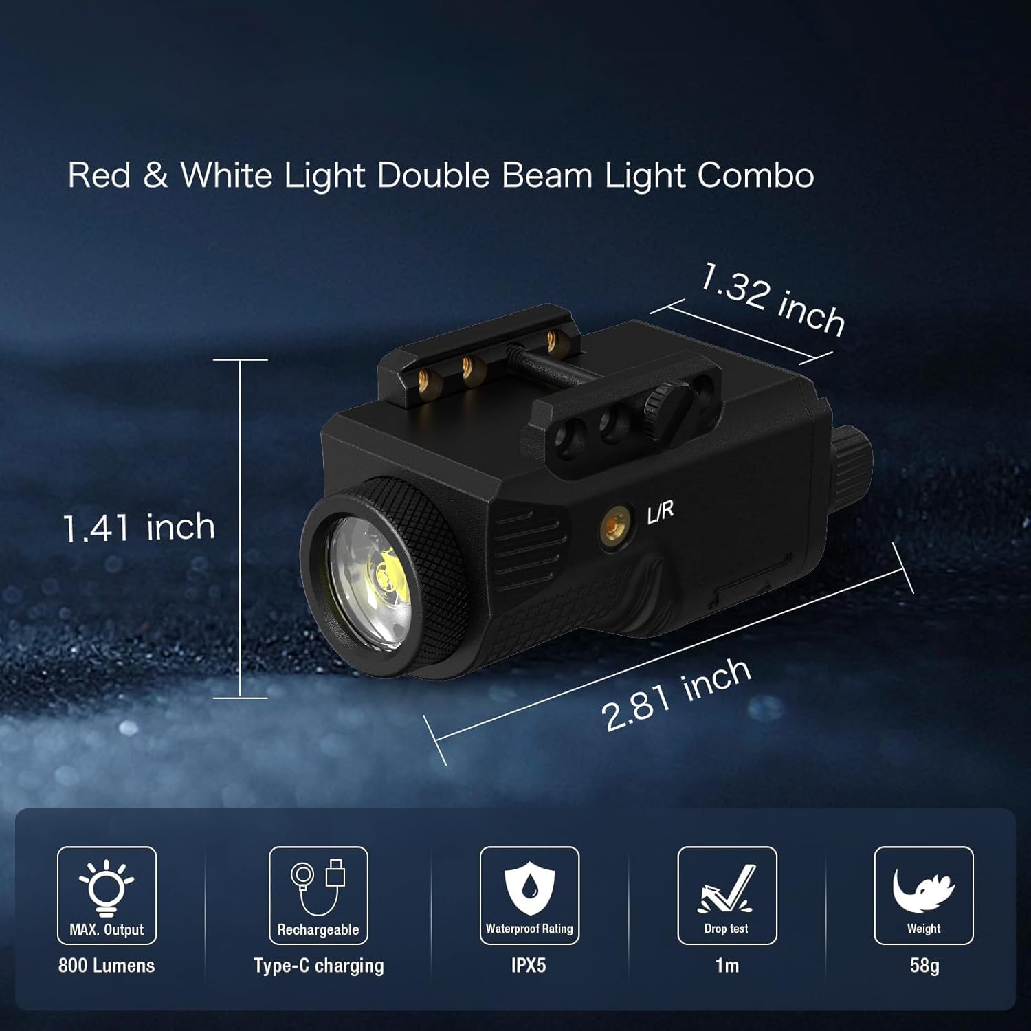 Laser Light Combo for Pistol and Rifle - 800 Lumens Red Laser Beam Flashlight for Pistol Handgun with Picatinny 1913 Rail, Tactical Gun Laser Sight and Weapon Flash Light, USB C Rechargeable, 0.39mW
