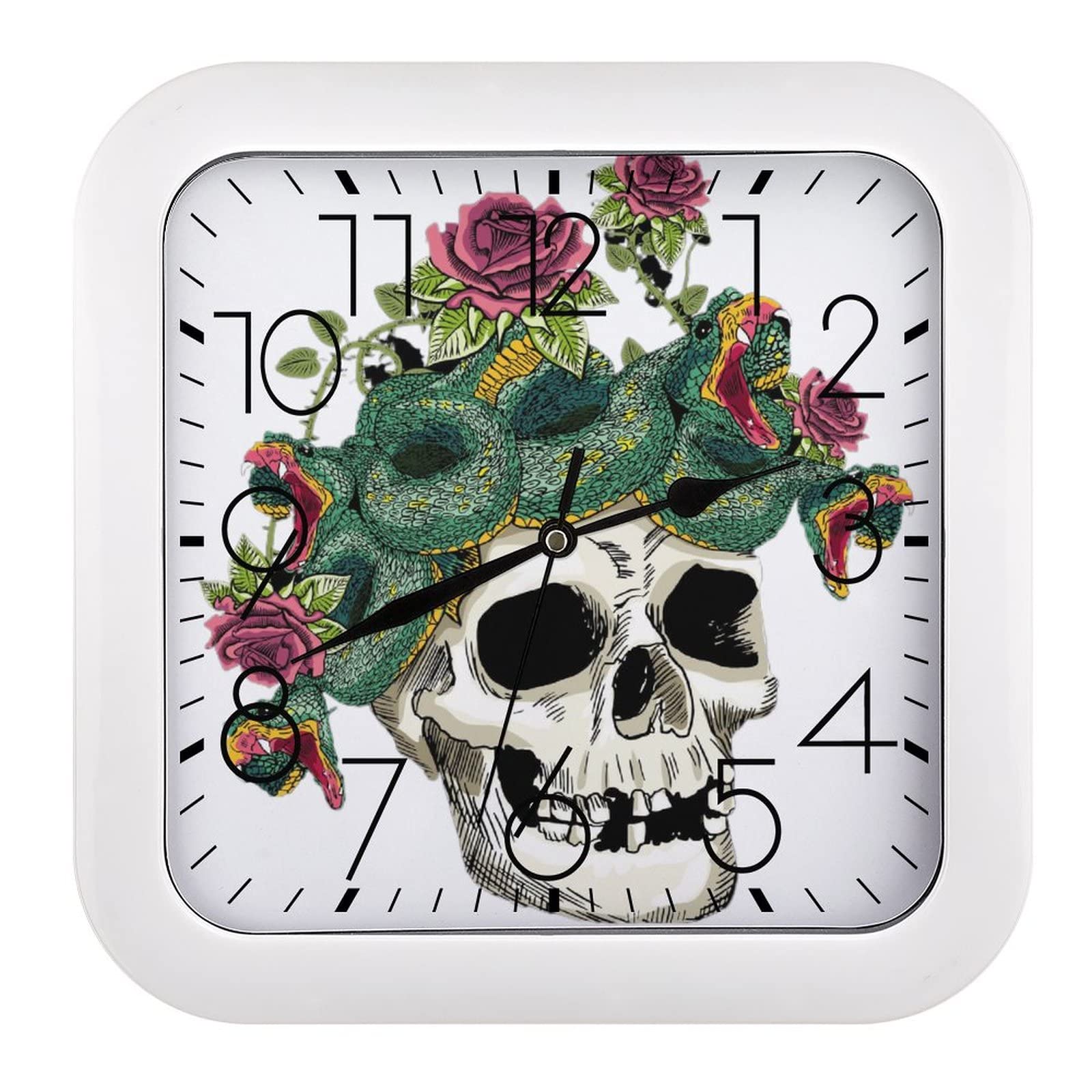 Horloge murale crâne fleurs carrée pour lire l'heure facilement