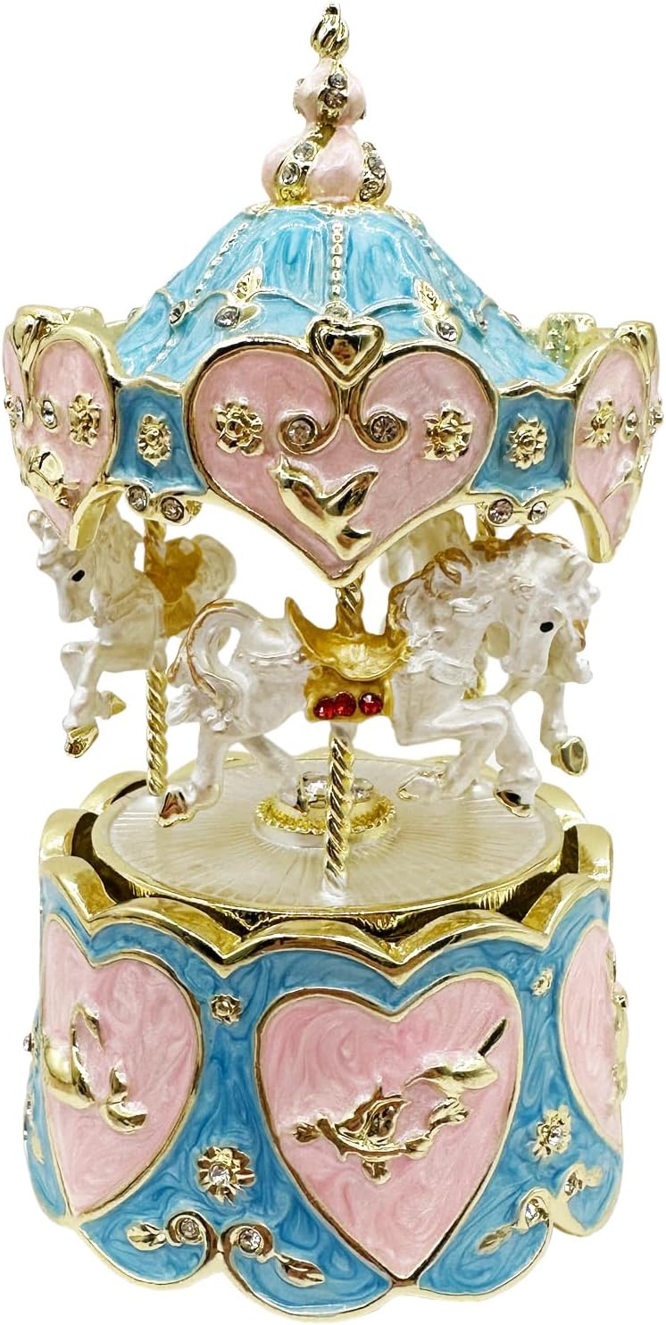 Gilded Blue Carousel Music Box, Rotating Horse Christmas Tune Jewelry Box, Enameled Trinket Keepsake with Gold Accents