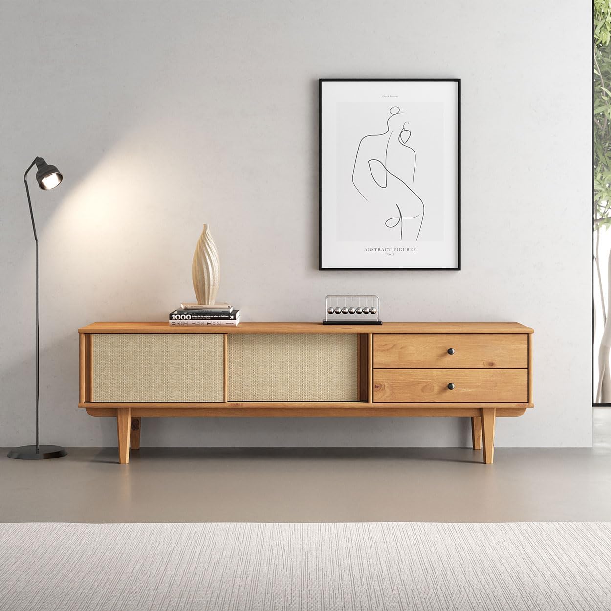 IDIMEX Simona Lowboard 175 cm with Rattan Weave Made of Solid Wood Oak Finish - Mid-Century Design TV Board with 2 Drawers and Sliding Doors Retro TV Cabinet for the Living Room
