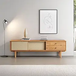 IDIMEX Rack para Sala TV 75 Polegadas com 2 Gavetas em Madeira e Telinha Rattan Cor Freijó Simona