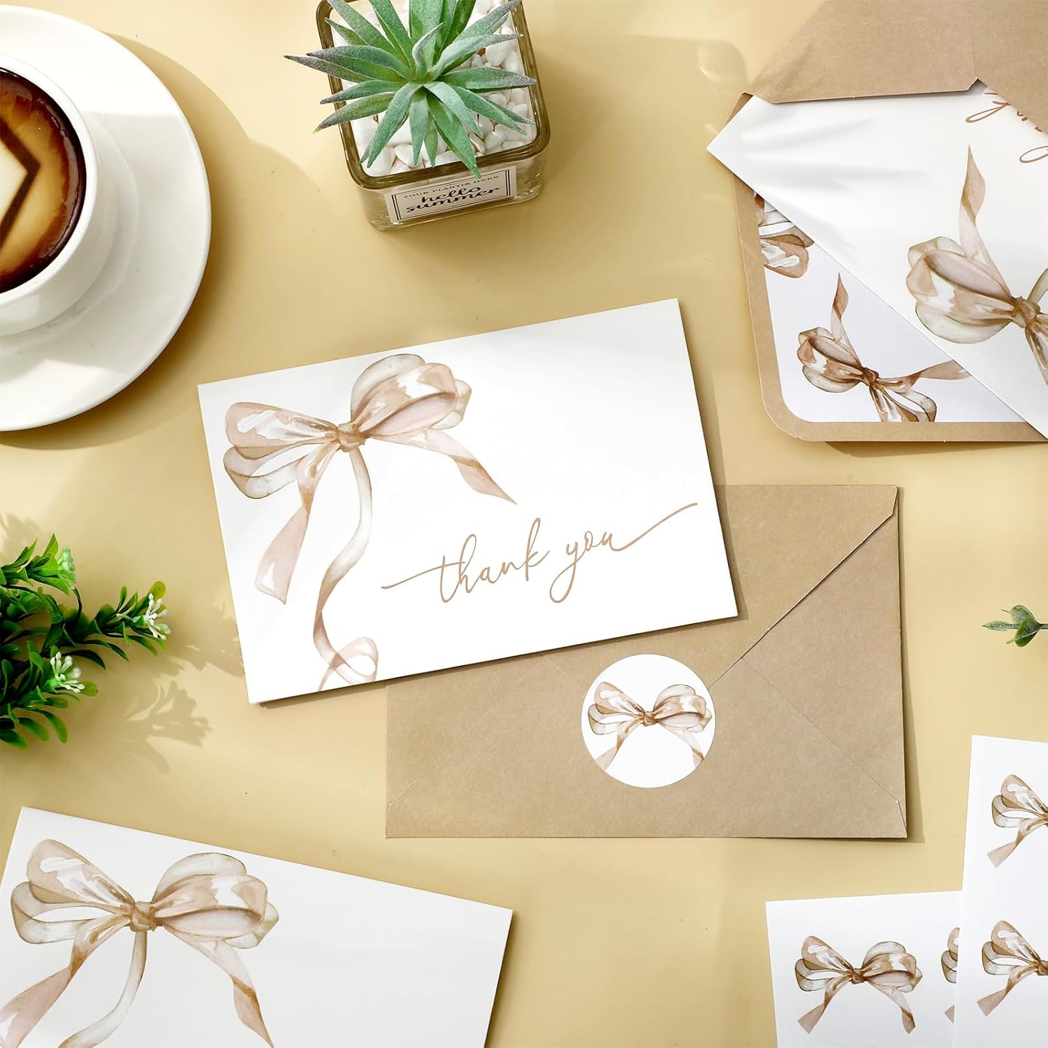 Whaline 24Pcs Beige Bow Thank You Cards with Envelopes and Stickers Watercolor Bow Greeting Card Beige Blank Note Card for Party Supplies - Image 3