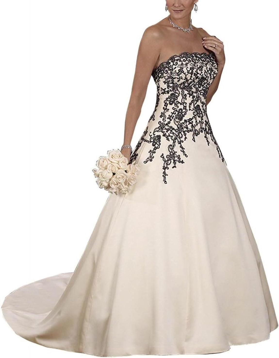 Simple Strapless Satin With Black Embroidery Chapel Train Wedding Dress (14, White)
