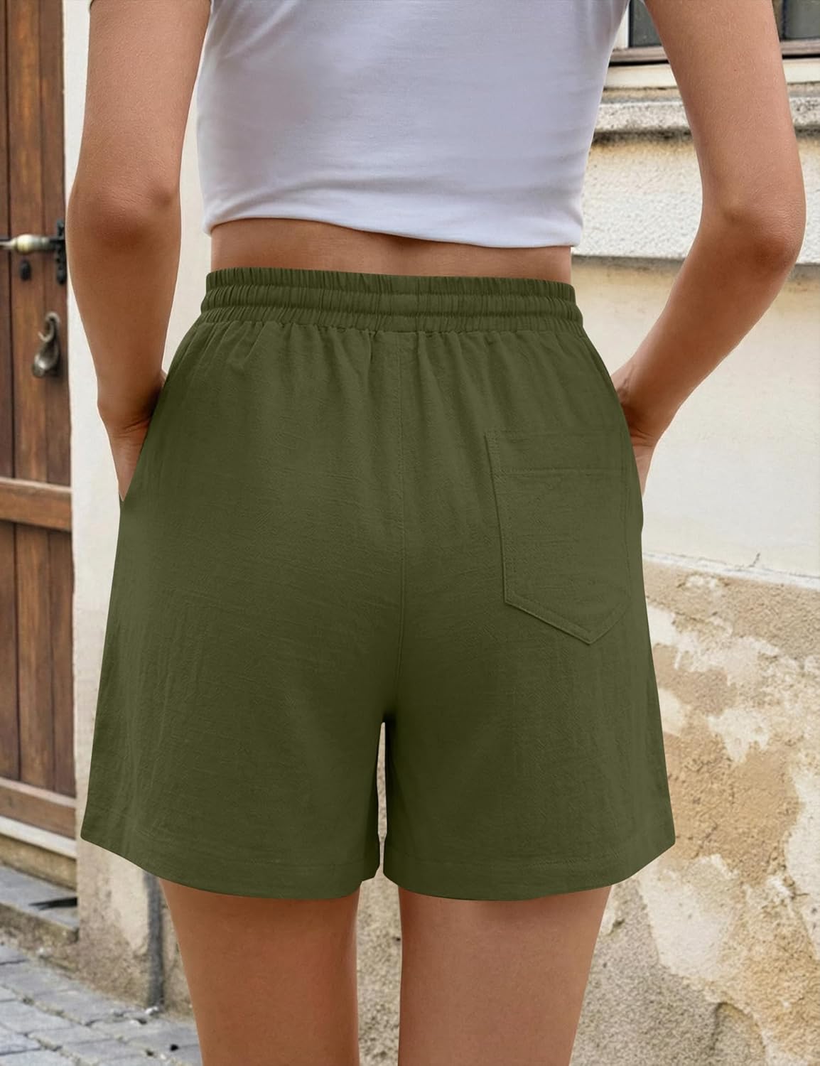 AKEWEI Linen Shorts Women Casual Wide Leg High Waisted Summer Outfits Comfy Elastic Waist Beach Shorts with Pockets