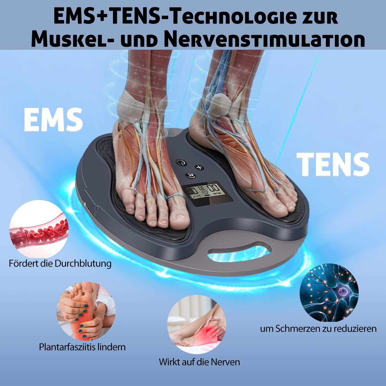Stimulateur de Circulation Jambes & Pieds – Masseur Électrique des Pieds EMS + TENS, Soulagement Fasciite Plantaire, Neuropathie, Douleurs Plantaires, Fatigue Musculaire, avec 4 Électrodes