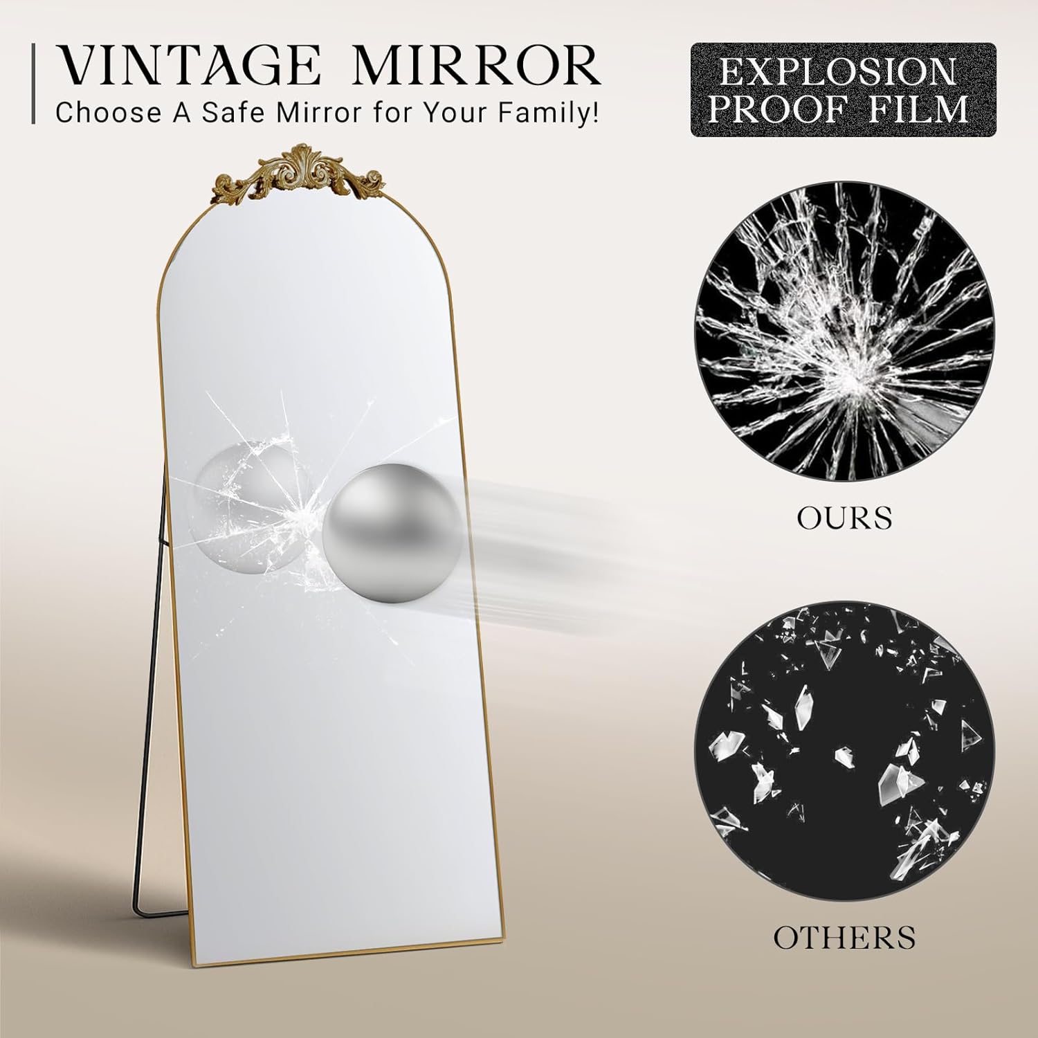 MISSDAY Vintage Baroque Full Length Mirror, 65"X24" Antique Large Arched Full Body Mirror Freestanding with Carving Top, Full Metal Frame Stand Up Retro Mirrors for Bedroom Living Room, Bronze