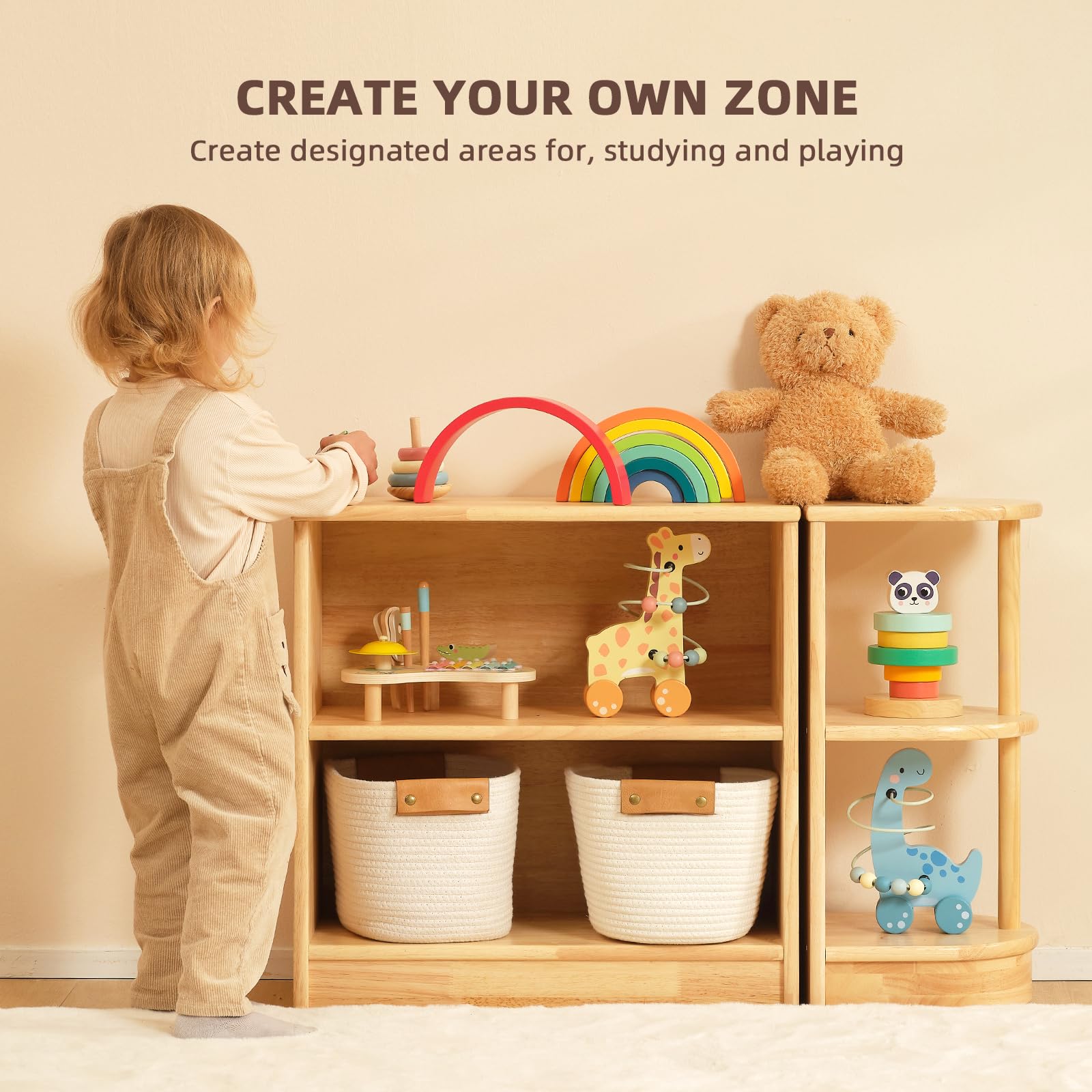 OOOK Estantería Montessori de madera de caucho, 60 cm de largo, compacta para niños pequeños, armario de almacenamiento de madera maciza con estantes para aulas, guarderías, habitaciones infantiles