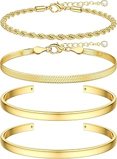 16k Chunky Gold Bangle Cuff Bracelets for Women Trendy, Sweatproof Bangle Bracelet Non Tarnish Gold Plated Cuff Bracelets for Women