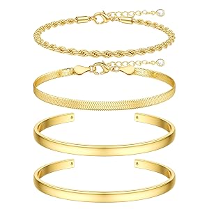 TEN MIRO 16K Chunky Gold Plated Bracelets for Women Non Tarnish Gold Plated Bracelets Stack Layered Bangles Cuff