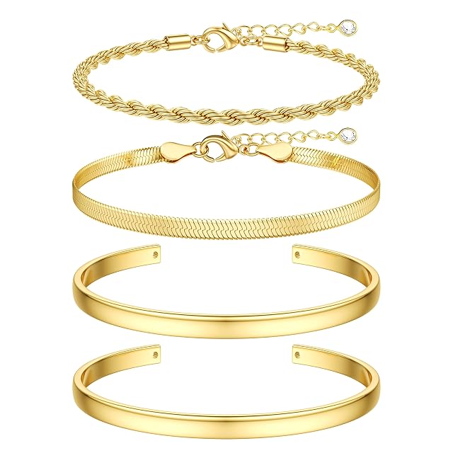 TEN MIRO 16K Chunky Gold Plated Bracelets for Women Non Tarnish Gold Plated Bracelets Stack Layered Bangles Cuff