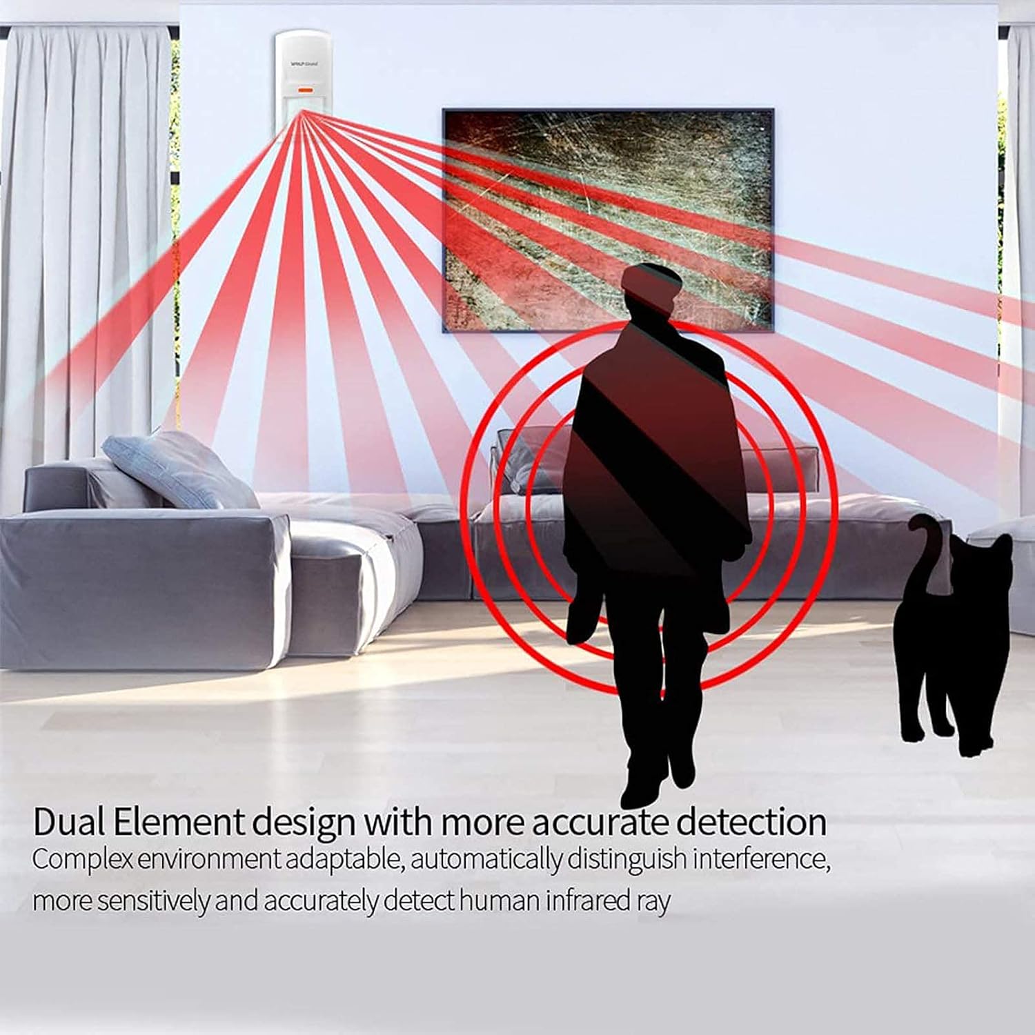 Image demonstrating the PIR sensor's dual element design for accurate human infrared detection, showing a person and a pet.