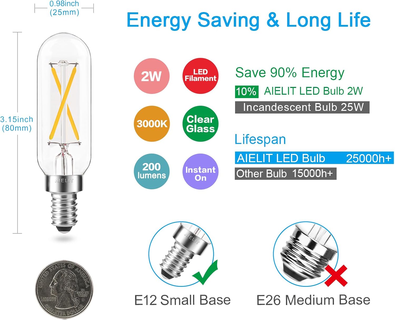 T8 Dimmable 2W LED Candelabra Light Bulb, Soft White 3000K, E12 Small Base, 25-Watt Equivalent Tube Clear Edison Filament Bulb for Chandeliers Beside Table Floor Lamp Front Porch Light, 4-Pack