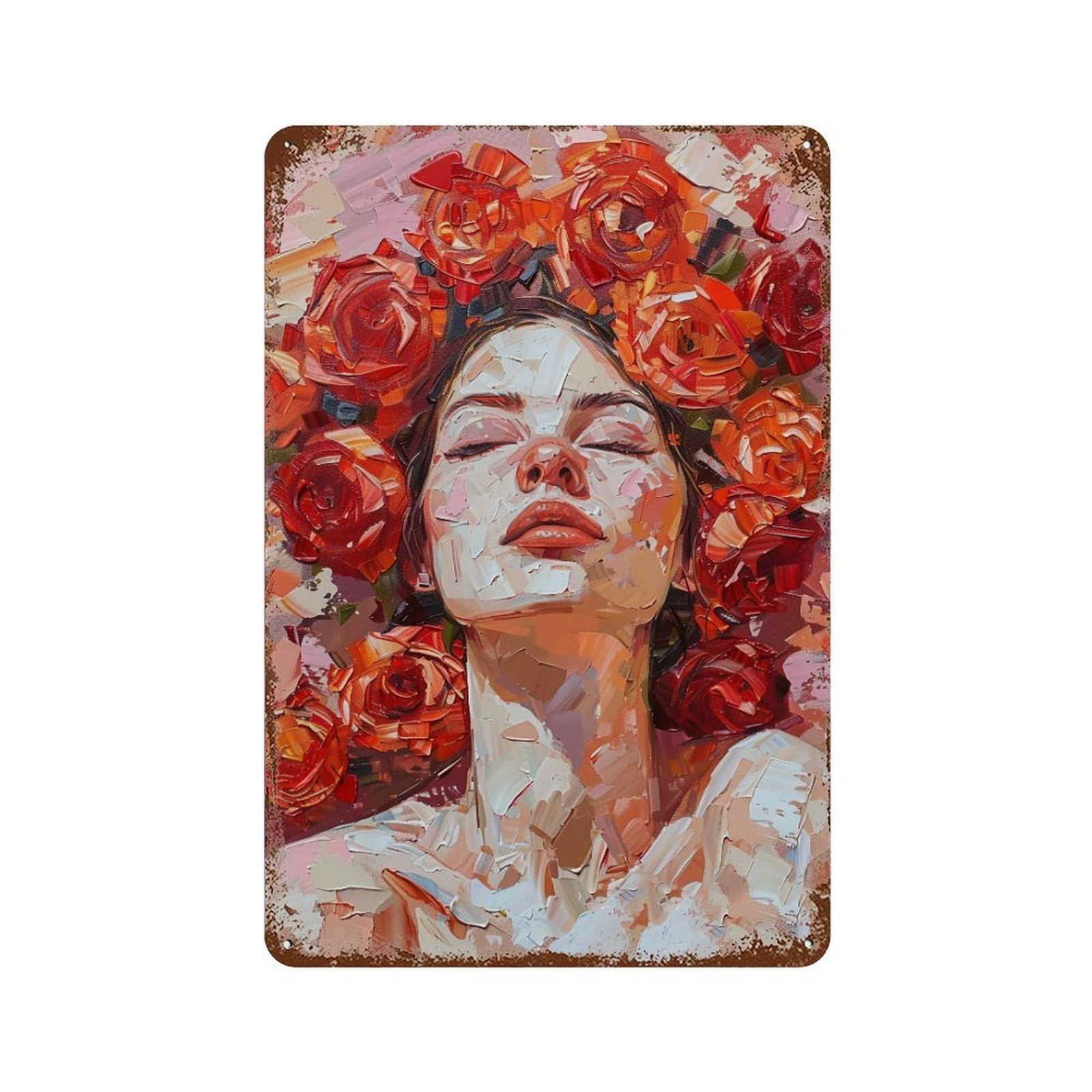 YHGERTKU Woman with Red Roses Impasto 04 Wall Art Retro Iron Vintage Metal Tin Sign Poster Modern Decor for Living Rooms Gift 30x20cm