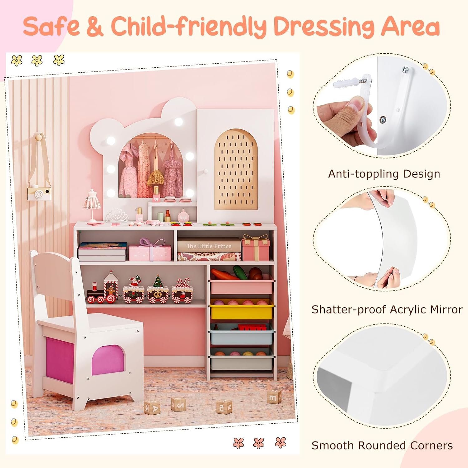 Dressing Table Set in Bear Shape, Children's Make-Up Table with Lighting, Mirror, Cabinet, 5 Drawers & Compartments, Wooden Cosmetic Table Set for Girls from 3 Years (White)