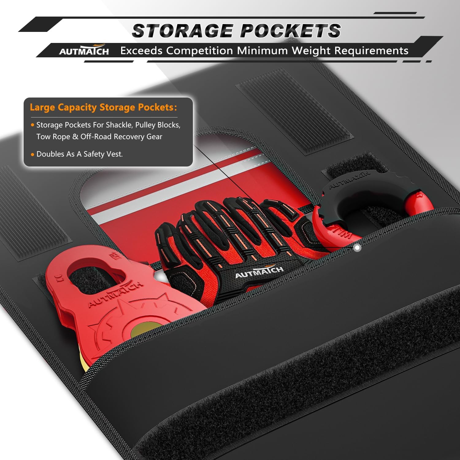AUTMATCH Winch Cable Damper - Winch Damper for Safety Offroad Rope Recovery and Reducing Cable Recoil, Winch Strap Dampener with Reflective Strips and Storage Pocket, Red