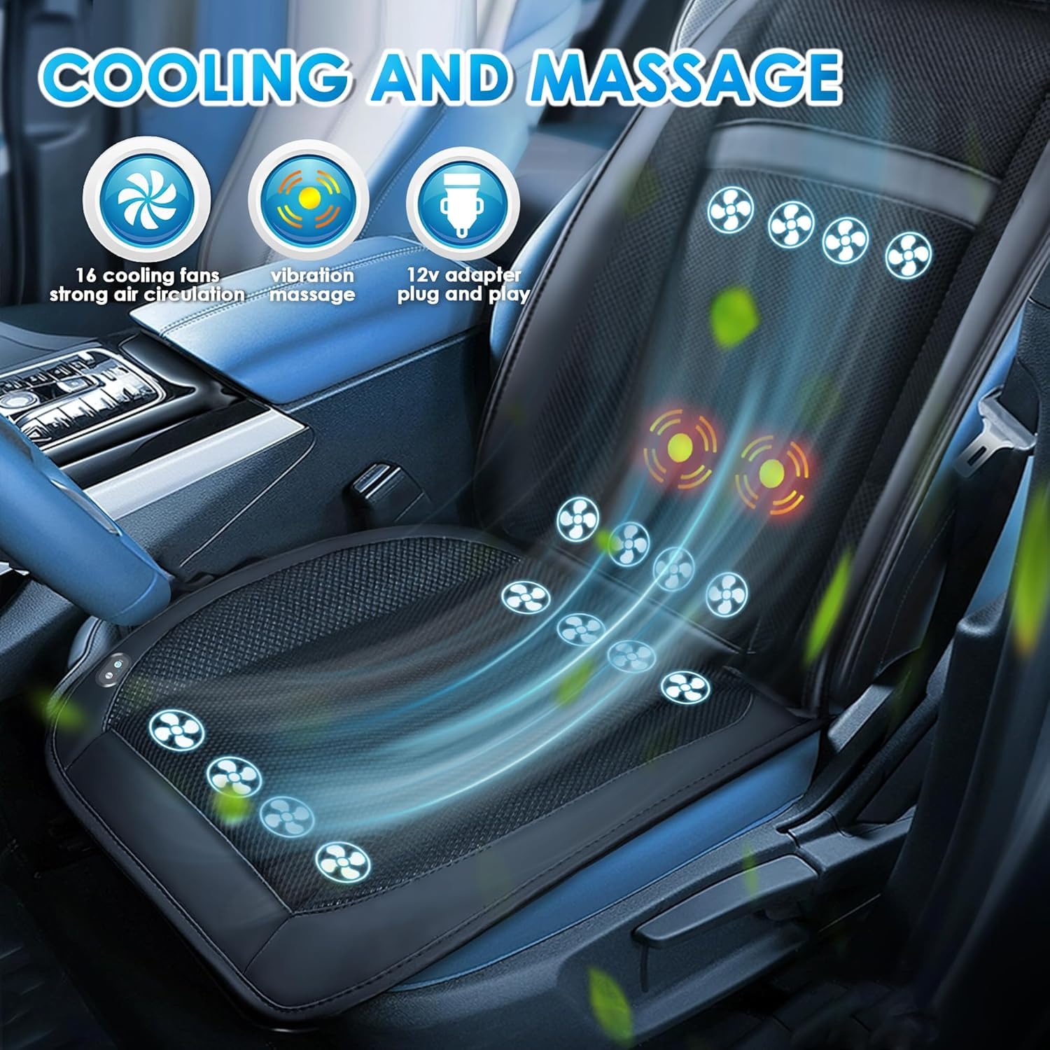 Funda de verano para asiento delantero de coche, 16 ventiladores, 2 en 1, cojín de enfriamiento para asiento de coche con función de masaje, 12 V, ventilado, transpirable, enfriador de asiento