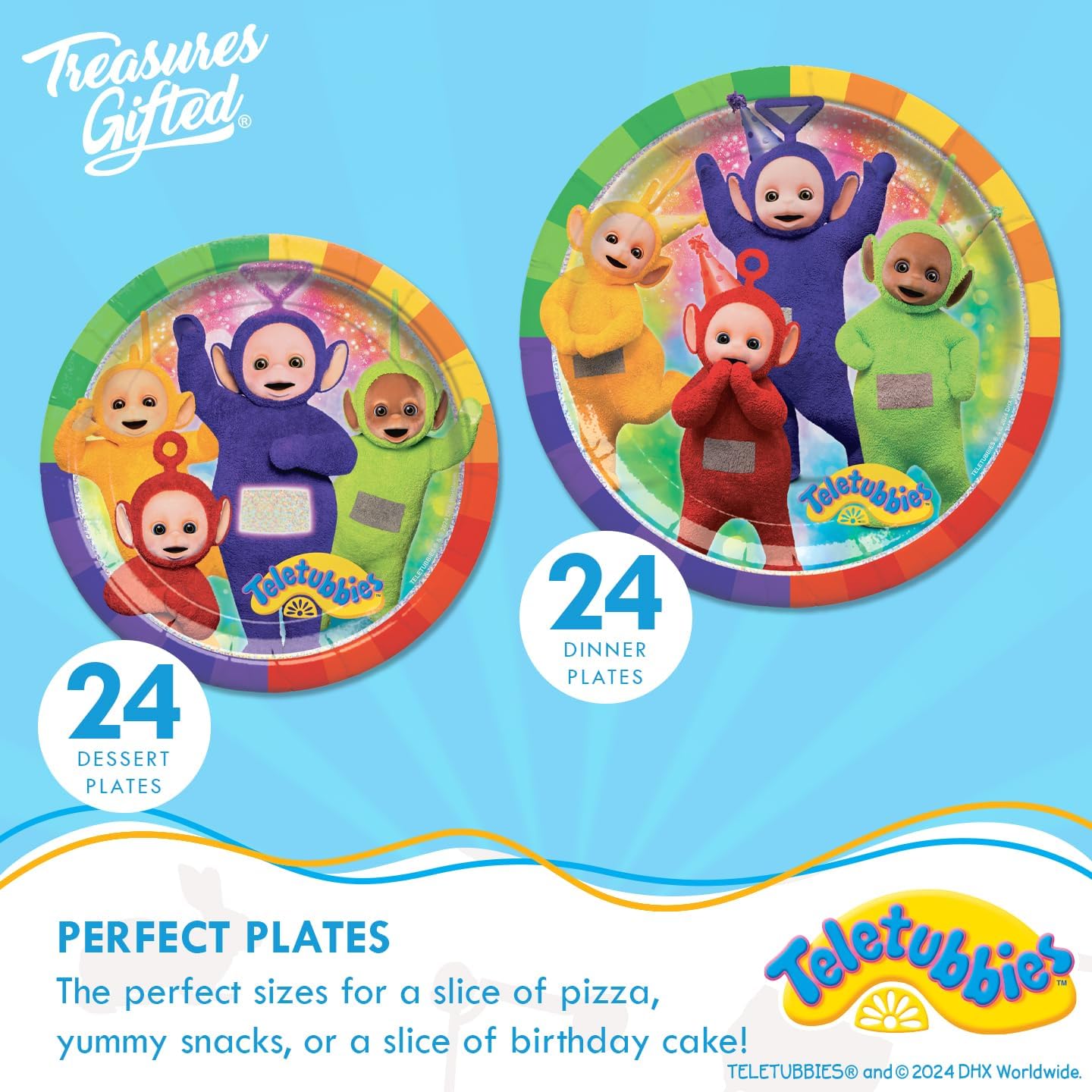 Treasures Gifted Officially Licensed Teletubbies Birthday Party Decorations - Serves 24 Guests - Ultimate Set Party Supplies - Dinnerware, Banners, Backdrop & Cake Toppers